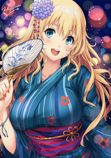Anime picture 800x1131 with kantai collection atago heavy cruiser sakiyamama single long hair tall image looking at viewer blush fringe breasts open mouth blonde hair smile hair between eyes large breasts holding signed upper body nail polish traditional clothes