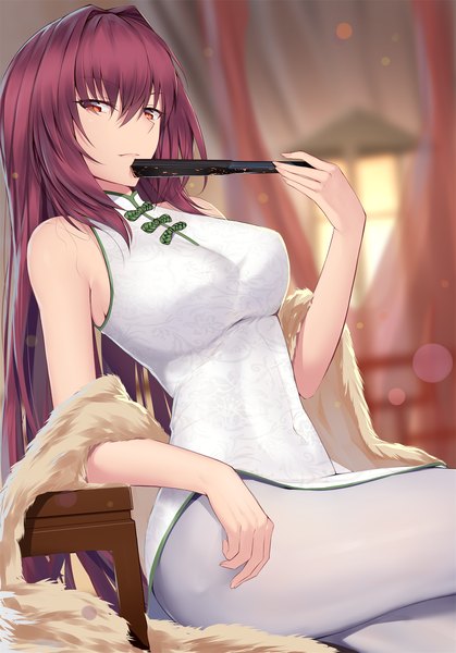 Anime picture 1352x1936 with fate (series) fate/grand order scathach (fate) (all) scathach (fate) feng mouren single long hair tall image looking at viewer fringe breasts light erotic hair between eyes red eyes large breasts sitting bare shoulders purple hair traditional clothes covered navel