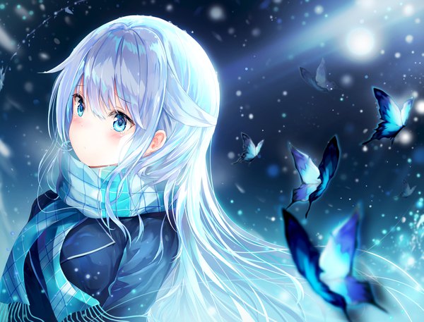 Anime picture 4112x3135 with original dana (hapong07) single long hair blush fringe highres blue eyes hair between eyes looking away absurdres silver hair upper body wind half updo girl scarf insect butterfly plaid scarf