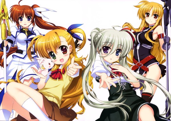 Anime picture 5758x4097 with mahou shoujo lyrical nanoha fate testarossa takamachi nanoha takamachi vivio einhart stratos long hair blush highres open mouth blonde hair red eyes brown hair white background twintails purple eyes multiple girls absurdres white hair official art loli