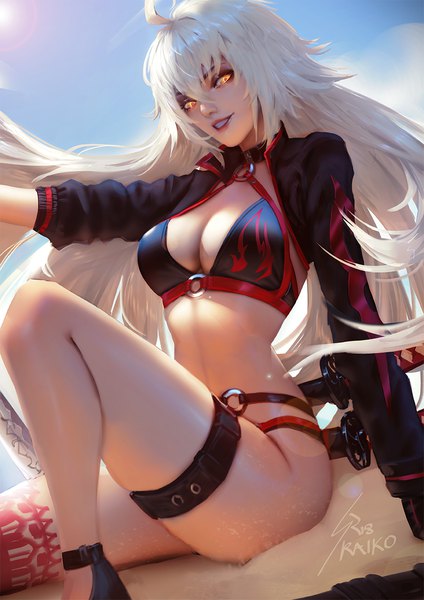 Anime picture 848x1200 with fate (series) fate/grand order jeanne d'arc (fate) (all) jeanne d'arc alter (fate) jeanne d'arc alter (swimsuit berserker) (fate) raikoart single long hair tall image looking at viewer fringe breasts light erotic sitting signed yellow eyes sky cleavage silver hair ahoge