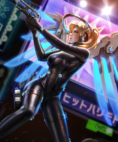 Anime picture 917x1100 with gantz overwatch blizzard entertainment gonzo mercy (overwatch) liang xing single tall image fringe short hair breasts blue eyes light erotic blonde hair standing holding signed looking away bent knee (knees) outdoors