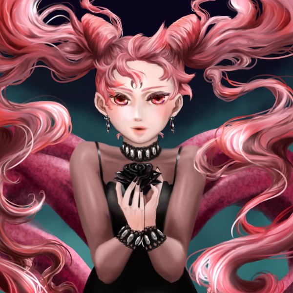 Anime picture 1200x1200 with bishoujo senshi sailor moon toei animation chibiusa black lady sweet-empress single looking at viewer twintails pink hair very long hair pink eyes wavy hair girl dress flower (flowers) earrings black rose