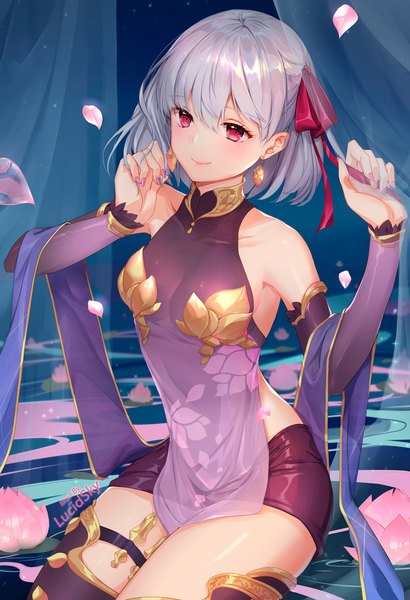 Anime picture 800x1169 with fate (series) fate/grand order kama (fate) lucidsky single tall image looking at viewer blush fringe short hair breasts light erotic smile hair between eyes red eyes bare shoulders signed purple hair nail polish fingernails