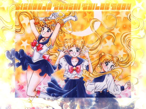 Anime picture 1280x960 with bishoujo senshi sailor moon toei animation tsukino usagi sailor moon looking at viewer blush blue eyes blonde hair multiple girls very long hair one eye closed multiple persona girl gloves hair ornament bow 3 girls sailor suit moon (symbol)