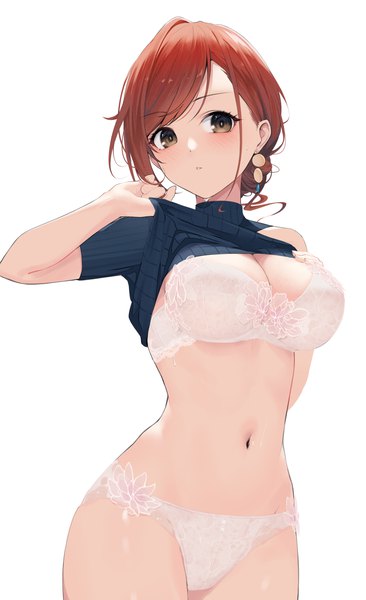 Anime picture 2316x3800 with idolmaster idolmaster shiny colors arisugawa natsuha gin00 single tall image looking at viewer blush fringe highres short hair breasts light erotic simple background large breasts standing white background brown eyes red hair parted lips