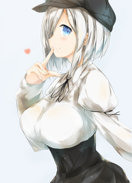 Anime picture 1996x2773 with kantai collection hamakaze destroyer nagisa (imizogami) single tall image looking at viewer blush fringe highres short hair breasts blue eyes light erotic simple background large breasts silver hair upper body profile light smile hair over one eye