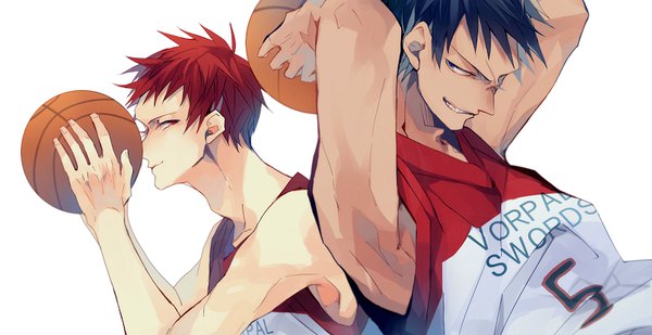 Anime picture 821x423 with kuroko no basket production i.g aomine daiki akashi seijuurou hanamori short hair black hair simple background red eyes wide image white background looking away red hair profile multiple boys arms behind head basketball boy uniform 2 boys