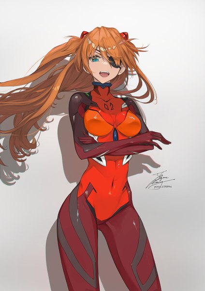 Anime picture 1061x1500 with neon genesis evangelion rebuild of evangelion evangelion: 3.0 you can (not) redo gainax soryu asuka langley shikinami asuka langley fadingz single long hair tall image looking at viewer fringe breasts open mouth blue eyes light erotic simple background hair between eyes standing signed