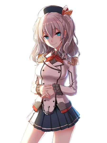 Anime picture 1200x1600 with kantai collection kashima training cruiser phantania single long hair tall image looking at viewer blue eyes simple background white background silver hair girl skirt uniform miniskirt epaulettes anchor