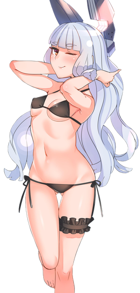 Anime picture 1685x3508 with kantai collection murakumo destroyer kyuuso inukami single long hair tall image fringe breasts light erotic smile red eyes standing silver hair blunt bangs one eye closed wink underboob adjusting hair covered nipples standing on one leg