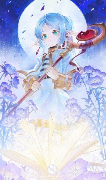 Anime picture 3212x5444 with sousou no frieren frieren ink zi mo single long hair tall image highres standing twintails holding blue hair absurdres aqua eyes pointy ears looking down elf girl flower (flowers) earrings moon