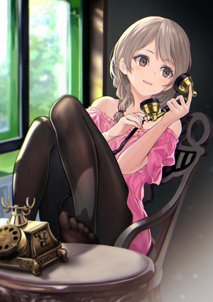 Anime picture 1000x1414 with original deca purio single long hair tall image blush fringe open mouth smile sitting bare shoulders holding brown eyes looking away indoors braid (braids) :d grey hair off shoulder no shoes