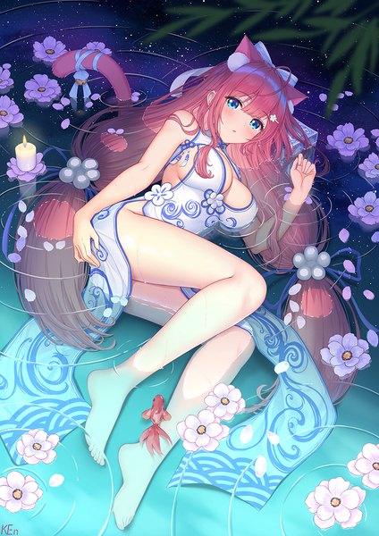 Anime picture 848x1200 with virtual youtuber indie virtual youtuber kosuzu hisae ken-san single long hair tall image looking at viewer blush fringe breasts open mouth blue eyes light erotic hair between eyes large breasts twintails signed animal ears payot