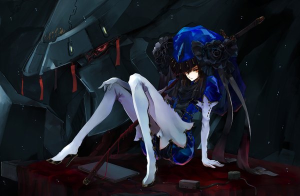 Anime picture 1500x980 with five star stories fatima (five star stories) gond single red eyes high heels weapon over shoulder girl gloves hair ornament ribbon (ribbons) weapon sword elbow gloves katana thigh boots mecha laptop cable mortar headd
