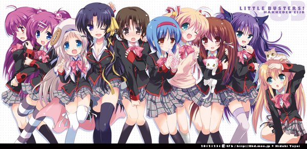 Anime picture 1881x913 with little busters! key (studio) noumi kudryavka natsume rin kamikita komari kurugaya yuiko saigusa haruka sasasegawa sasami tokido saya nishizono mio futaki kanata naoe riki hizuki yayoi long hair looking at viewer blush highres short hair breasts open mouth