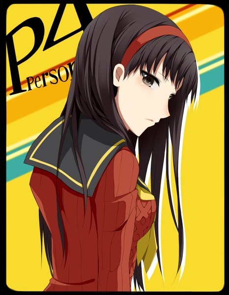 Anime picture 1400x1800 with persona 4 persona amagi yukiko nemu (nebusokugimi) single long hair tall image black hair looking back black eyes inscription face girl uniform school uniform hairband sweater