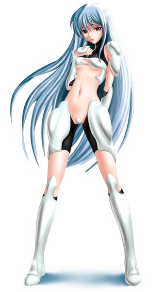 Anime picture 800x1400 with evilflesh (artist) single long hair tall image looking at viewer light erotic simple background red eyes white background silver hair hand on chest girl navel suit