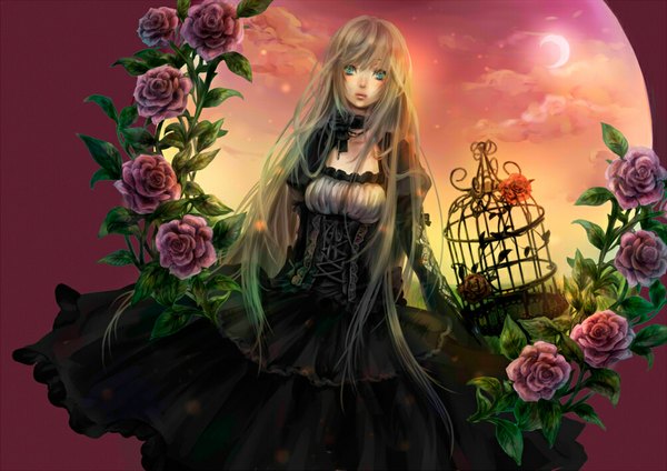 Anime picture 1024x724 with original senano-yu single long hair blonde hair green eyes sky cleavage cloud (clouds) realistic crescent gothic girl dress flower (flowers) rose (roses) moon corset cage