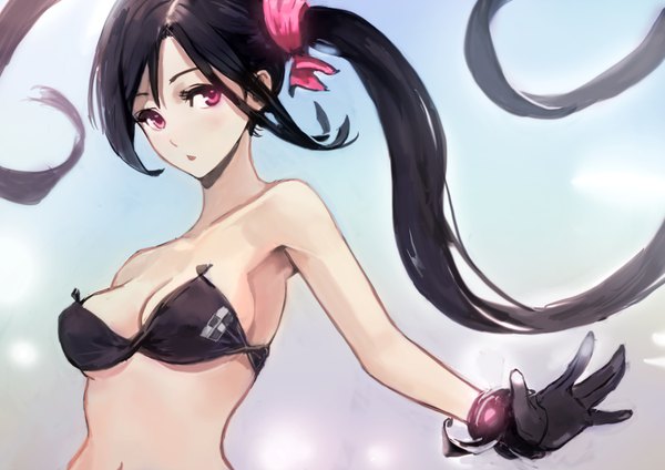 Anime picture 3508x2480 with original okuto single looking at viewer fringe highres breasts open mouth light erotic black hair standing bare shoulders payot absurdres sky cleavage upper body outdoors very long hair pink eyes