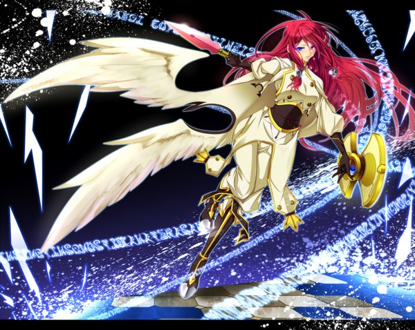 Anime picture 1630x1300 with blazblue tsubaki yayoi sayo wini single long hair looking at viewer blush blue eyes red hair tears crying checkered floor girl gloves uniform weapon wings
