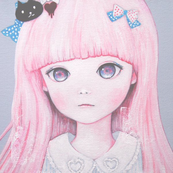 Anime picture 6500x6500 with original kaoru hasegawa single long hair looking at viewer fringe highres blue eyes pink hair absurdres blunt bangs portrait expressionless traditional media acrylic paint (medium) girl bow hair bow