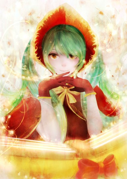 イラスト 2480x3507 と league of legends sona buvelle 張小波 ソロ 長髪 長身像 カメラ目線 highres ツインテール 茶目 green hair 女の子 手袋 ちょう結び 赤い手袋 kokoshnik