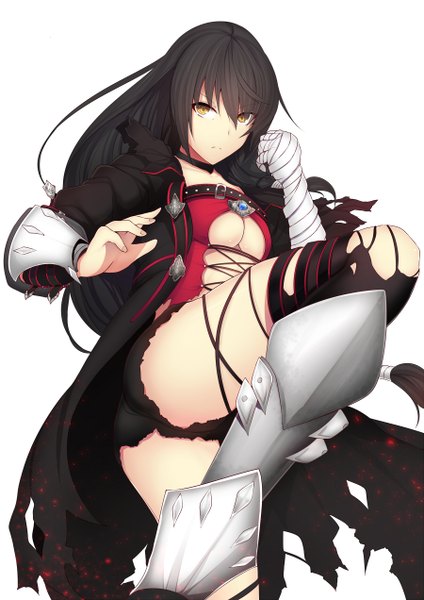 Anime-Bild 900x1272 mit tales of (series) tales of berseria velvet crowe daiaru single long hair tall image looking at viewer breasts light erotic black hair simple background white background yellow eyes torn clothes girl shorts short shorts bandage (bandages)