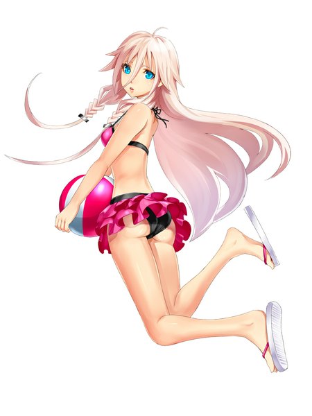 Anime picture 750x1000 with vocaloid ia (vocaloid) daishou (artist) dendoumushi single long hair tall image looking at viewer blue eyes light erotic simple background white background bare shoulders pink hair ass white hair braid (braids) twin braids girl swimsuit