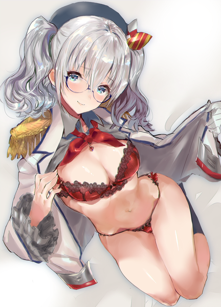 Anime picture 800x1111 with kantai collection kashima training cruiser hitaki yuu single tall image looking at viewer blush fringe short hair breasts blue eyes light erotic smile hair between eyes large breasts twintails payot silver hair bare belly wavy hair