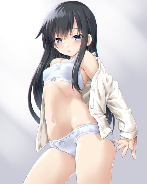 Anime-Bild 1000x1250 mit kantai collection asashio destroyer dd (ijigendd) single long hair tall image looking at viewer blush fringe blue eyes light erotic black hair simple background standing payot off shoulder open shirt girl navel underwear