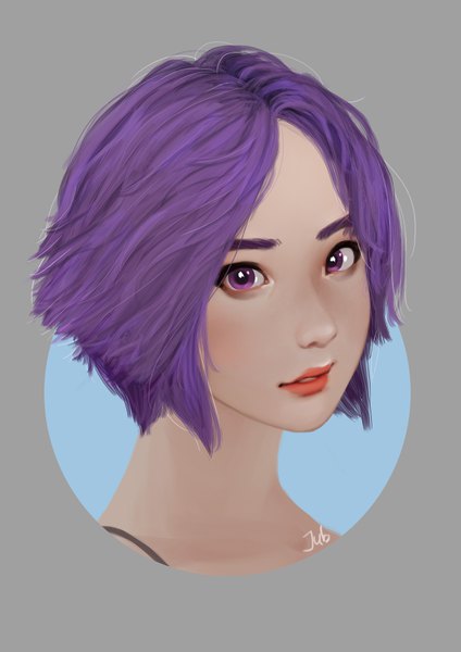Anime picture 2480x3508 with original fore farlone (jubi) fore (jubi) jubi (regiana) single tall image looking at viewer highres short hair simple background purple eyes signed purple hair parted lips lips realistic grey background lipstick portrait red lipstick