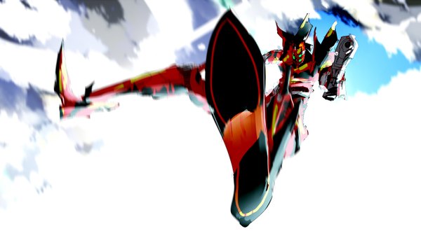 Anime picture 1421x782 with neon genesis evangelion rebuild of evangelion evangelion: 2.0 you can (not) advance end of evangelion gainax eva 02 wide image cloud (clouds) flying giant weapon armor gun pistol huge weapon robot mecha