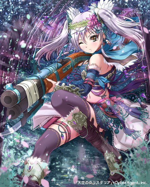 Anime picture 800x1000 with tenkuu no crystalia sakiyamama single long hair tall image looking at viewer blush fringe hair between eyes sitting twintails bare shoulders holding yellow eyes silver hair outdoors one eye closed hair flower wind wink