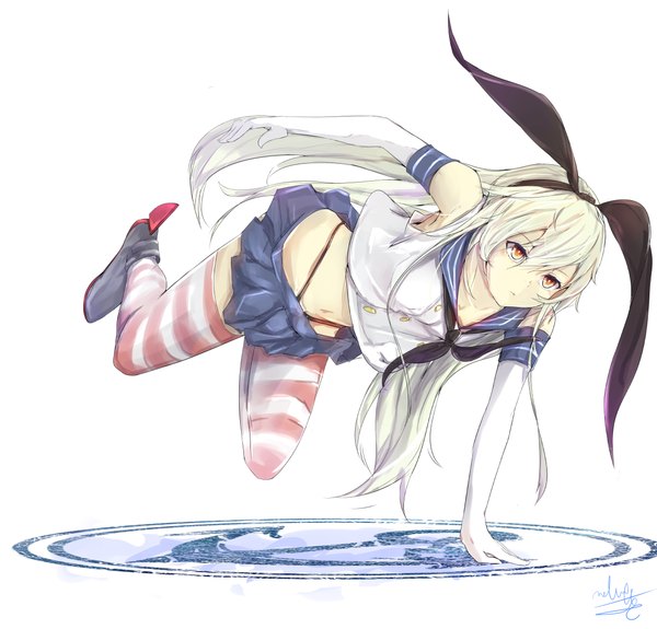 Anime picture 1166x1118 with kantai collection shimakaze destroyer marumoru single long hair simple background white background brown eyes signed full body white hair midriff girl thighhighs gloves navel bow hair bow miniskirt elbow gloves