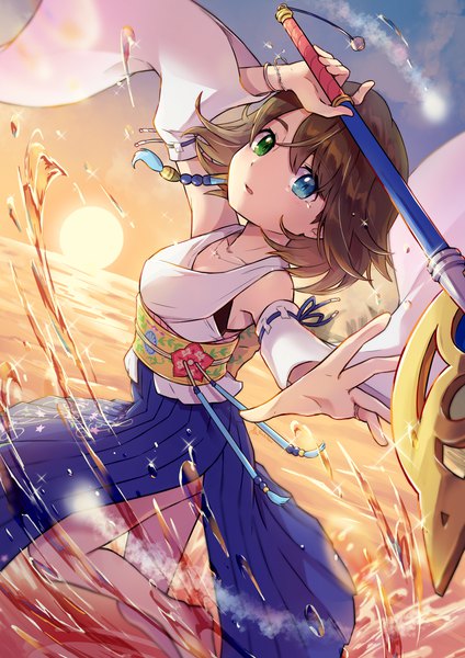 Anime picture 2000x2829 with final fantasy final fantasy x square enix yuna (ff10) peron (niki2ki884) single tall image looking at viewer highres short hair open mouth blue eyes brown hair standing holding green eyes traditional clothes japanese clothes arm up heterochromia