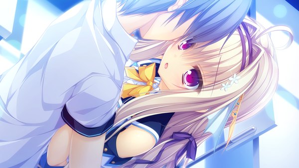 Anime picture 1920x1080 with kujiragami no tearstilla tenkawa mitsuki mikagami mamizu long hair highres short hair open mouth wide image purple eyes blue hair game cg ahoge white hair couple hug girl boy hairband