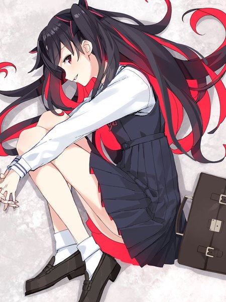 Anime picture 650x867 with fate (series) fate/grand order ishtar (fate) space ishtar (fate) yahako single long hair tall image looking at viewer fringe light erotic black hair smile red eyes bent knee (knees) lying long sleeves parted lips profile multicolored hair