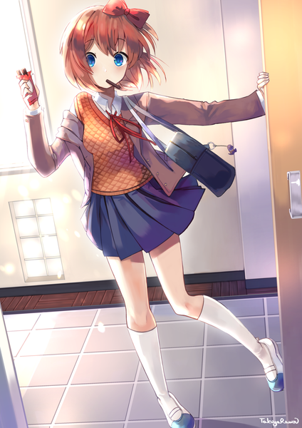 Anime picture 1736x2456 with doki doki literature club sayori (doki doki literature club) takuyarawr single tall image looking at viewer blush fringe highres short hair blue eyes standing holding signed full body indoors long sleeves pleated skirt sunlight orange hair