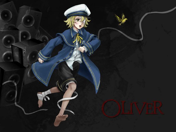 Anime picture 1181x886 with vocaloid oliver james (vocaloid) r81p single blush highres short hair open mouth blonde hair yellow eyes barefoot inscription running bandage over one eye boy animal shorts bird (birds) cloak