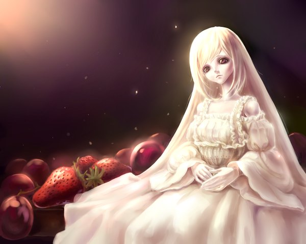 Anime picture 1500x1198 with original grape.mk-233 single long hair fringe blonde hair sitting brown eyes wide sleeves light girl dress food frills berry (berries) strawberry grapes