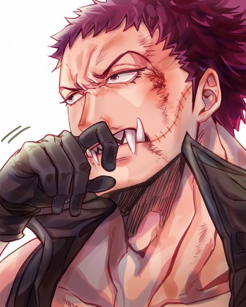 Anime picture 1200x1498 with one piece toei animation charlotte katakuri living (pixiv5031111) single tall image short hair simple background white background purple eyes looking away purple hair upper body teeth scar sharp teeth injury spoilers boy gloves