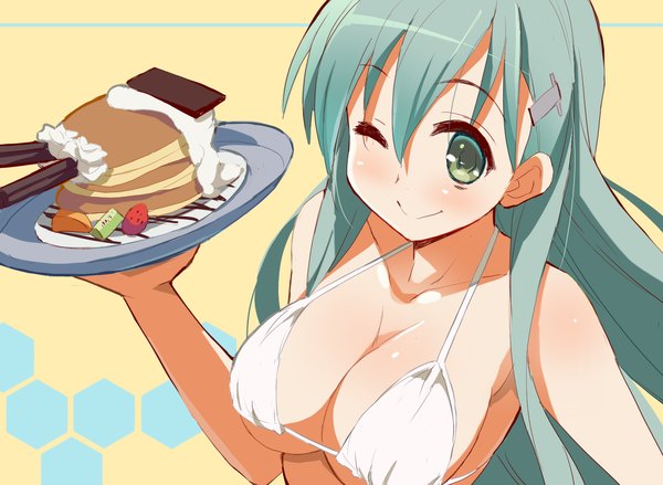 Anime picture 1640x1200 with kantai collection suzuya heavy cruiser 9law single long hair looking at viewer blush breasts light erotic smile cleavage one eye closed green hair wink girl hair ornament swimsuit bikini food sweets