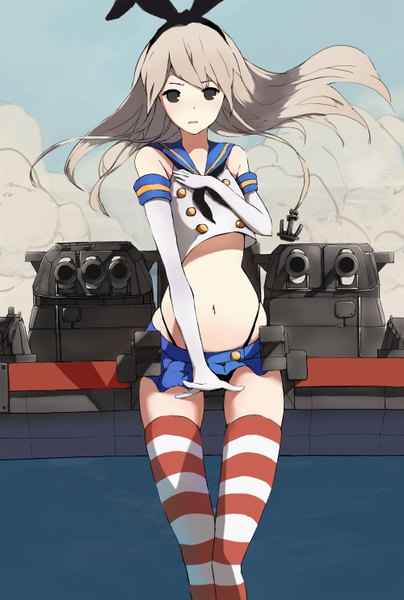 Anime picture 2000x2973 with kantai collection shimakaze destroyer hummingbird (artist) single long hair tall image looking at viewer blush fringe highres blonde hair standing sky cloud (clouds) outdoors pleated skirt wind bare belly midriff hand on chest