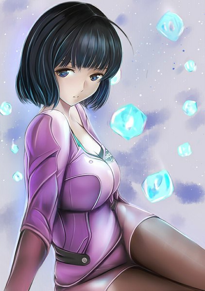 Anime picture 703x1000 with nannacy7 single tall image looking at viewer fringe short hair breasts blue eyes black hair large breasts ahoge girl pantyhose bodysuit