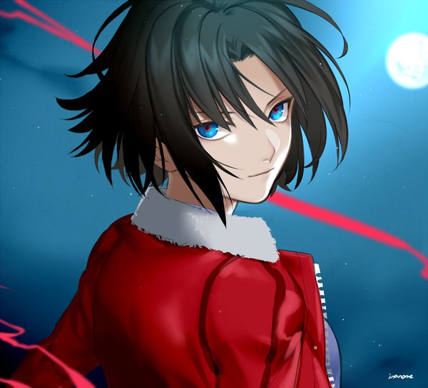 Anime picture 1200x1086 with fate (series) fate/grand order kara no kyoukai type-moon ryougi shiki inanome me single looking at viewer short hair blue eyes black hair signed upper body looking back night open jacket night sky fur trim girl jacket
