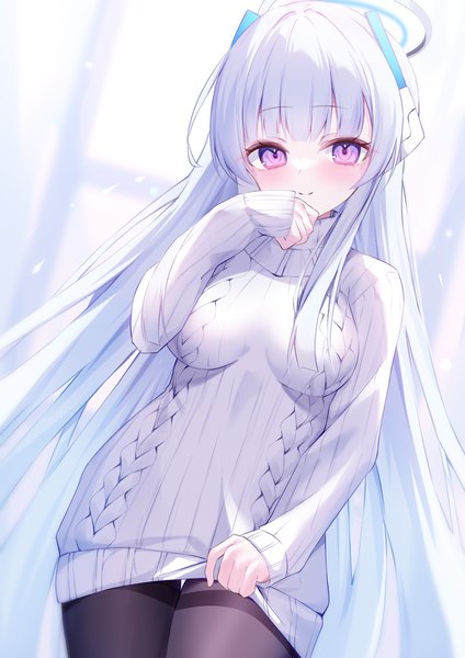 Anime picture 2894x4093 with blue archive noa (blue archive) gou 213 single tall image looking at viewer blush fringe highres light erotic smile standing purple eyes silver hair long sleeves very long hair sleeves past wrists girl pantyhose black pantyhose