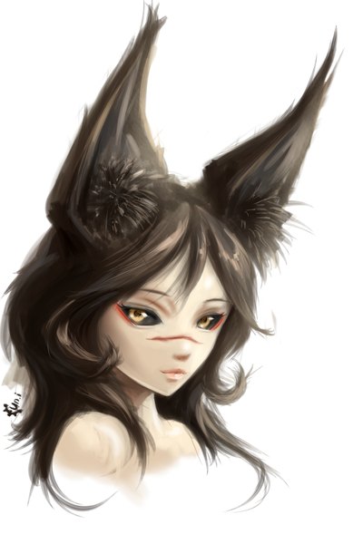 Anime picture 800x1200 with blade & soul lyn (blade & soul) protorc single long hair tall image looking at viewer black hair simple background white background bare shoulders animal ears yellow eyes lips fox ears scar face multicolored eyes girl