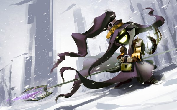 Anime picture 1920x1200 with league of legends veigar (league of legends) anarki3000 single highres smile wide image yellow eyes wind dutch angle snowing winter snow boy gloves belt witch hat staff