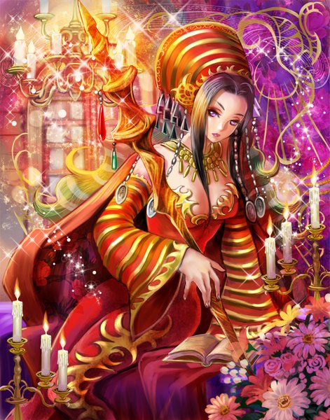 Anime picture 786x1000 with emperors saga usudahiro single long hair tall image looking at viewer breasts light erotic black hair purple eyes fingernails lips eyebrows girl dress flower (flowers) candle (candles)